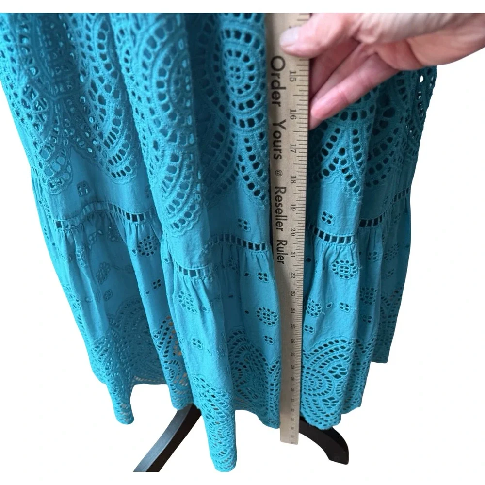 Antonio Melani Turquoise Eyelet Lace Midi Dress S10 Cotton Lined Flutter Sleeve - Picture 11 of 12